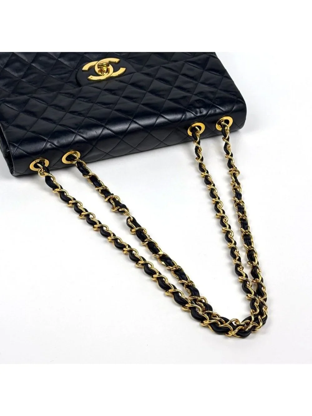 Chanel Big Quilted Shoulder Bag CC Logo Single Flap Chain Leather Black
